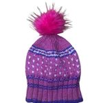 New Purple Pink & White Hearts Knit Pom Pom Beanie Winter Hat Photo 1