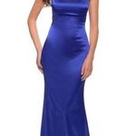 La Femme 29858 Blue Satin Cross Back Gown 6 Photo 0