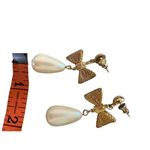Vintage Dangling Bow Earrings Faux Teardrop Pearl Formal Costume Drop Gold Photo 1