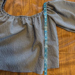 ZARA Women  Cropped Gingham Blouse XS Blue Black White Bow Sleeve Off Shoulder Photo 4