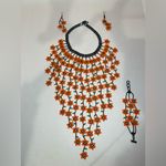 Handmade Floral Beaded Necklace, bracelet and Earring Set. Orange Photo 1