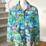 Coldwater Creek Vintage  Linen Parisian Eiffel Tower Print Aqua Blue Jacket Photo 0