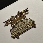 Signed AJC Merry Christmas Pin Brooch Gold Tone Dangling Plaque Photo 1