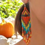 Bohemian Native American Ethnic Style Fashion Glass Beaded Handmade‎ Earrings Orange Photo 3