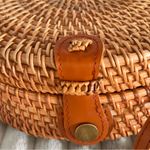 Woven Rattan Round Purse with Leather Strap and Tropical Lining Tan Photo 6