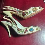 Casadei  Cream Floral Embroidered sequined slingback adjustable  Heels patent 10 Photo 0