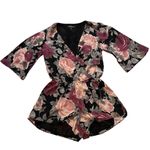 Lulus NWT, Floral Plunging Neck Bell Sleeve Romper Black Purple Pink, Sz L Photo 5