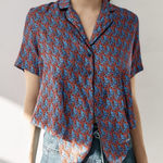 Sandro  Paris Cary Cat Blouse Blue Red Women Top Front Tie Cropped Style Size 1 Photo 0
