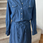 Boden Denim Long Sleeve Knee Length Blouson Tie Waist Shirt Dress 8 TALL Blue Photo 0