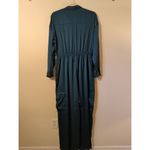 EXPRESS NWT  Deep Teal Green Button Tie Waist Wide Leg Satin Cargo Jumpsuit XL Photo 6