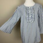 Draper James  Top Womens Small Blue Striped 3/4 Bell Sleeve Cotton Ruffle Relaxed Photo 3