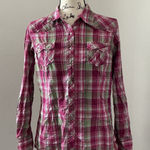 Ariat  Fitted Western Plaid Long Sleeve Snap Shirt Pink Green Metallic L Photo 0