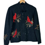 Tiara International Cardinal Bird Knit Jacket Womens M Black Zip Beaded Holiday Photo 0