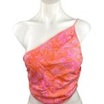 ZARA  Orange Pink Floral One Shoulder Linen Blend Spaghetti Ruched Crop Top Sz M Photo 0