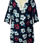 Talbots  Womens Tunic Dress Navy Blue Linen Hibiscus Floral Size S Beaded 3/4 Photo 0