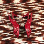 Y2K Coquette Whimsygoth Romantic Goth Vampy Fairy Red Pointelle Cut out Kitten Slingback Heels Pumps Bow Faux Leather Open peep toe Photo 2