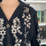 Vintage 90s Embroidered Jean Jacket Black Denim Tan Floral Bohemian Size Small Photo 5