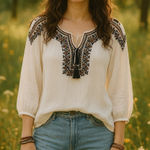 LK Bennett Soft‎ Surroundings Embroidered Blouse GauzyTassel Tie Long Sleeve White Size 3x Photo 0