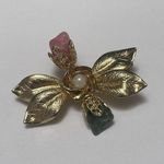 Green / Pink Gemstone Flower / Leaf Design Gold Tone Metal Brooch Pin Photo 2