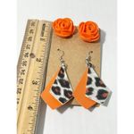 Leopard Vegan Leather Dangle & Orange Rose Stud Earrings Orange & Black 2 Pairs‎ Photo 3