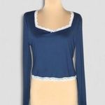 Forever 21 Long Sleeve T-Shirt Lace Trim Bow Detailed Square Neckline Blue sz M Photo 0