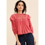 Free People  Laura Pink Red Eyelet Boho Gauze Blouse Flowy Women's size Medium Photo 1