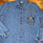 Christopher & Banks  Womens Denim Moose Embroidered Button Down Shirt Size L vtg Photo 4