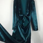 Lovers + Friends  Kendall Green Satin Jumpsuit Medium Tie Front Long Sleeve Photo 11