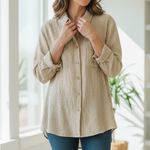 Laura Scott  Beige Striped Button-Down Shirt Photo 1
