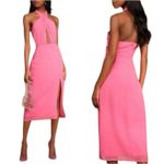 Lulus  Flirty Chic Bright Pink Cutout Twist-Front Halter Midi Dress NEW Size L Photo 1