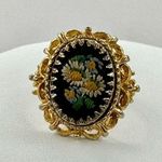 Vintage black and gold tone embroidered flower ring Photo 5
