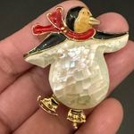 Vintage Unsigned Enameled Penguin Ice Skating Mosaic MOP Belly Brooch 23g. Red Photo 7