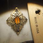 Antique Victorian Brass Filigree Brooch Yellow Orange Amber Colored Glass Photo 11