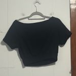 Black Cropped Off Shoulder Top Short Sleeve White Stripe Detail Women's XS Photo 2