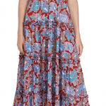 Anthropologie Love the Label Bouquet Smocked Tiered Ruffle Skirt Maxi Dress Blue Red Floral Photo 0