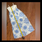 AUW  Off White & Blue Florals lace on top w/sheer lower sleeveless dress - Size L ***Refer to measurements as size tag removed. Adorable and conservative/ gently warn once. In excellent condition. Great for HOCO, weddings or dressy evening out or cruise. Measurements approximately 15.5-16” from armpit to armpit x 13” waste x 48” long. None smoking home. Priced to sell at as is condition. Don’t like my price make reasonable offer. Photo 8