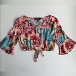 For Love & Lemons  Floral  Pink and Blue Tie Front Crop Top XS Photo 1