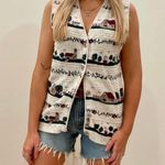 Vintage Speckled Floral Cottage House Tree Print Button Front Sweater Vest in Cream Tan Size L Photo 0