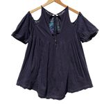 Free People Women’s Fast Times Blue Boho Embroidered Cold Shoulder Top Photo 5
