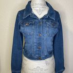 Stretchy Stylish Button Up Denim Jacket Blue Dark Wash Sexy Size Medium Photo 0