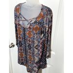 One World  Boho Print Lattice Neck Tunic Top Women's Size L Asymmetrical Hem Photo 3