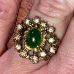 Vintage Genuine Jade with Clear Crystals Cocktail Ring size 8 Gold Photo 1
