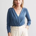 Free People  Turnt Sheen Long Sleeve Slinky Bodysuit in Blue Metal Size S Photo 1