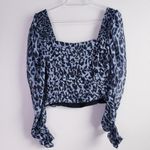 ZARA  Blue Ruffled Smocked Long Sleeve Cheetah Print Blouse Photo 6
