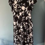 Evan Picone  14 P Black White V Neck Side Tie Ruched Dress Abstract Floral Modern Photo 4