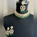 Pakistani Indian Bollywood Style Elegant Green and Silver Jewelry Set Photo 0