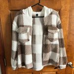 Fuzzy Brown And White Flannel Jacket With Hood Photo 3
