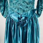 Vintage 80s Lace Satin Fit & Flare Midi Dress Puff Sleeve Rosette Teal Womens 0 Blue Photo 3