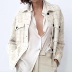 ZARA Women’s Tweed Plaid Check Shacket Jacket Medium Cream Black Button Front Photo 0
