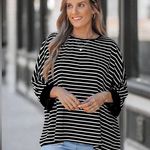 Casual Loose Fit Striped Batwing Oversized Shirt White Photo 1